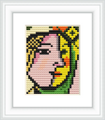 The image depicts an abstract representation of a face, divided into colorful geometric sections. The face is composed of intertwined shapes with vibrant hues, encapsulated within a decorative frame.