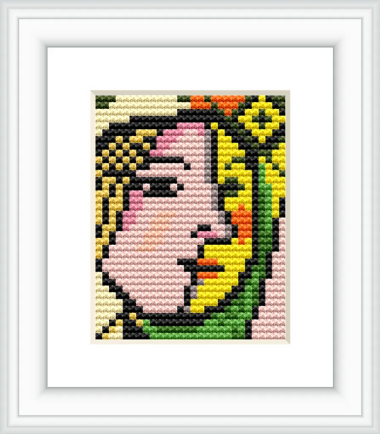 The image depicts an abstract representation of a face, divided into colorful geometric sections. The face is composed of intertwined shapes with vibrant hues, encapsulated within a decorative frame.