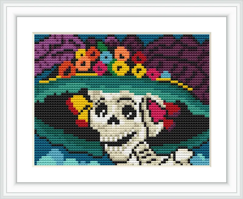 A skeleton with a wide-brimmed hat decorated with colorful flowers is centered in the image. The background features vibrant colors and stylized patterns reminiscent of Mexican art.
