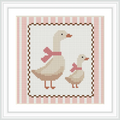 A pair of geese, one larger and one smaller, both with pink bows on their necks, are located centrally within a bordered square. The border features alternating stripes of pink and white.