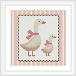 A pair of geese, one larger and one smaller, both with pink bows on their necks, are located centrally within a bordered square. The border features alternating stripes of pink and white.