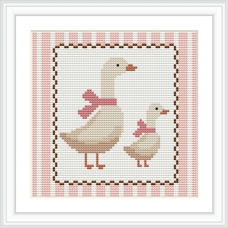 A pair of geese, one larger and one smaller, both with pink bows on their necks, are located centrally within a bordered square. The border features alternating stripes of pink and white.