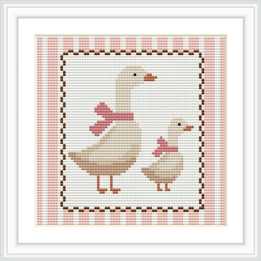 A pair of geese, one larger and one smaller, both with pink bows on their necks, are located centrally within a bordered square. The border features alternating stripes of pink and white.