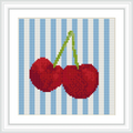 The image features two cherries with green stems against a background of vertical blue and white stripes, framed in a white border.