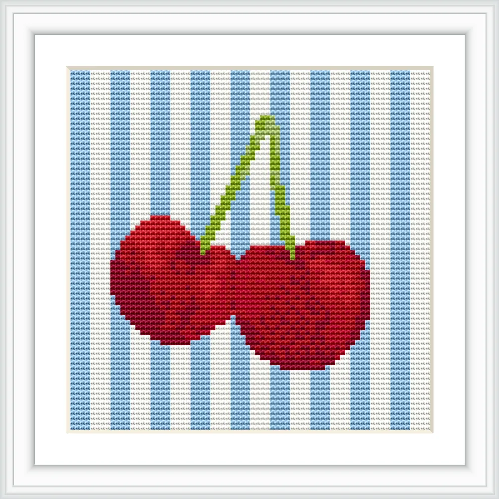 The image features two cherries with green stems against a background of vertical blue and white stripes, framed in a white border.