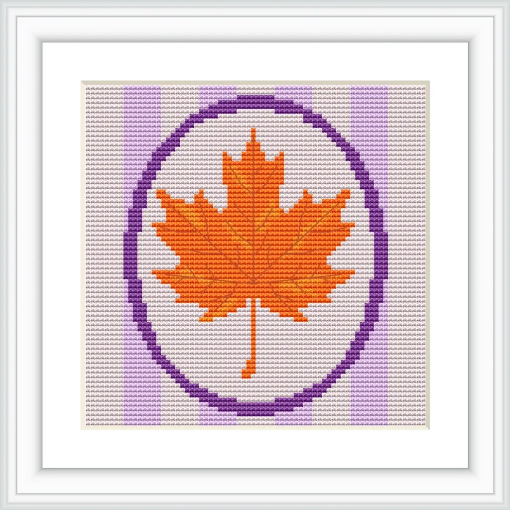The image features an orange maple leaf centered within a purple oval border. Purple and white stripes form the backdrop, creating a harmonious and balanced composition.