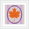 The image features an orange maple leaf centered within a purple oval border. Purple and white stripes form the backdrop, creating a harmonious and balanced composition.