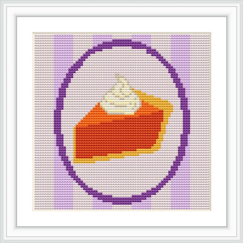 The image shows a piece of pumpkin pie with whipped cream centered in a circular frame. The background has vertical purple stripes.