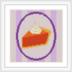 The image shows a piece of pumpkin pie with whipped cream centered in a circular frame. The background has vertical purple stripes.