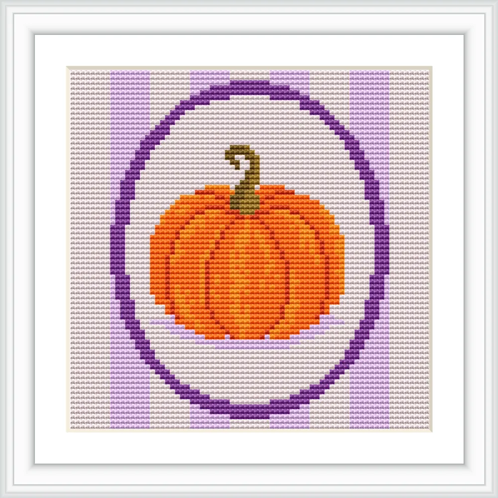 The image features an orange pumpkin with a brown stem, placed centrally within a decorative purple border, against a background of alternating light purple and cream vertical stripes.