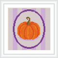The image features an orange pumpkin with a brown stem, placed centrally within a decorative purple border, against a background of alternating light purple and cream vertical stripes.