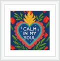 The image shows a large heart with flames at the top, surrounded by green leaves and orange flowers on a blue background. In the center, the text 'CALM IN MY SOUL' is prominently displayed.