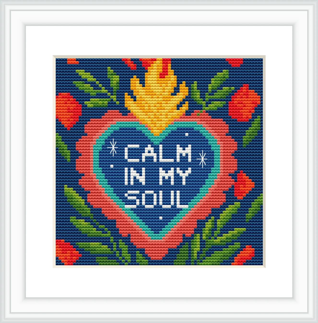 The image shows a large heart with flames at the top, surrounded by green leaves and orange flowers on a blue background. In the center, the text 'CALM IN MY SOUL' is prominently displayed.