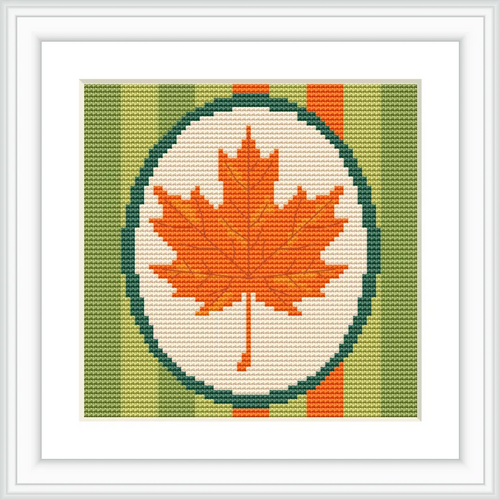 The image shows an orange maple leaf centered within an oval frame set against a striped green and orange background.