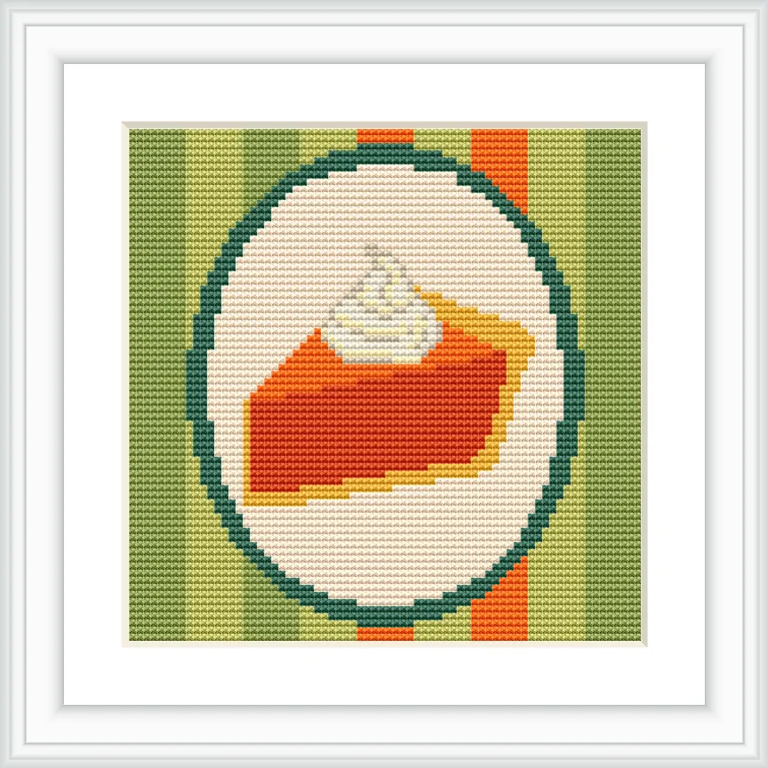 The image features a slice of pie with whipped cream on top, placed centrally within a circular frame. The background consists of alternating green and orange vertical stripes.