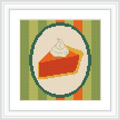 The image features a slice of pie with whipped cream on top, placed centrally within a circular frame. The background consists of alternating green and orange vertical stripes.
