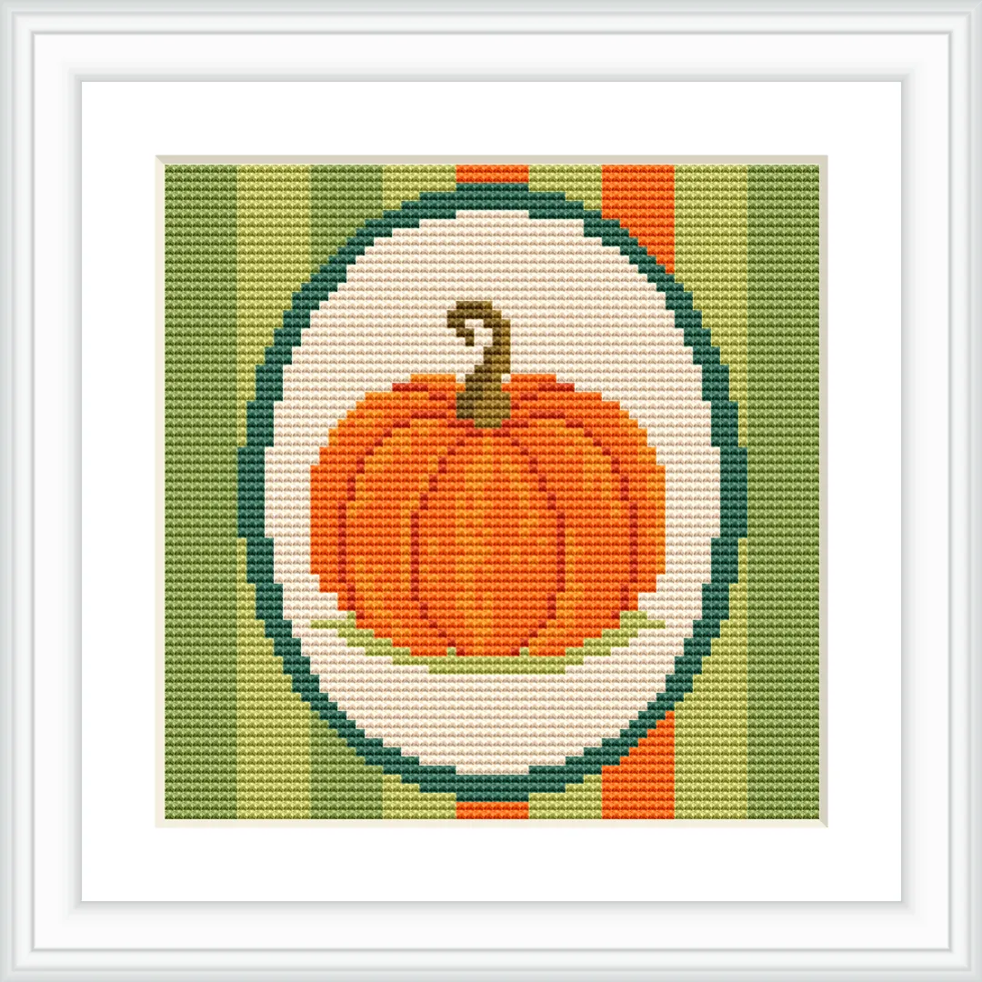 The image shows a single orange pumpkin with a brown stem at the center, encircled and placed against vertically striped green and orange background.