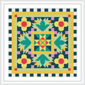 The image features a square pattern with a decorative border. The design includes geometric shapes with a central star-like motif surrounded by triangular and floral shapes. The border alternates between dark blue and white squares, while the corners are accented with red squares.