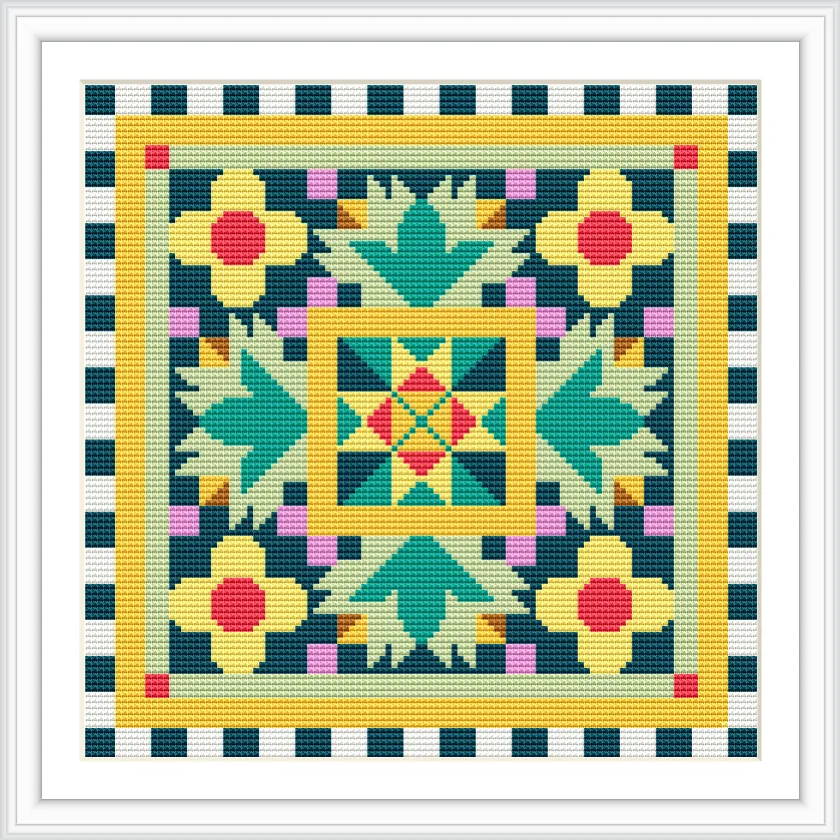 The image features a square pattern with a decorative border. The design includes geometric shapes with a central star-like motif surrounded by triangular and floral shapes. The border alternates between dark blue and white squares, while the corners are accented with red squares.