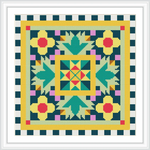 The image features a square pattern with a decorative border. The design includes geometric shapes with a central star-like motif surrounded by triangular and floral shapes. The border alternates between dark blue and white squares, while the corners are accented with red squares.