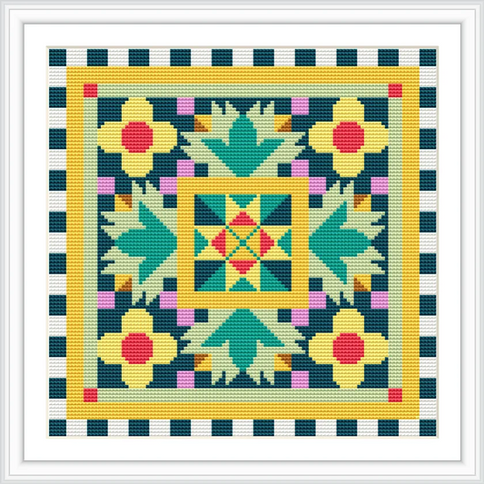 The image features a square pattern with a decorative border. The design includes geometric shapes with a central star-like motif surrounded by triangular and floral shapes. The border alternates between dark blue and white squares, while the corners are accented with red squares.