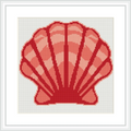 The image features a cross stitch pattern of a large pink scallop shell, centrally positioned on a white background and framed in a simple frame.