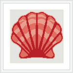 The image features a cross stitch pattern of a large pink scallop shell, centrally positioned on a white background and framed in a simple frame.