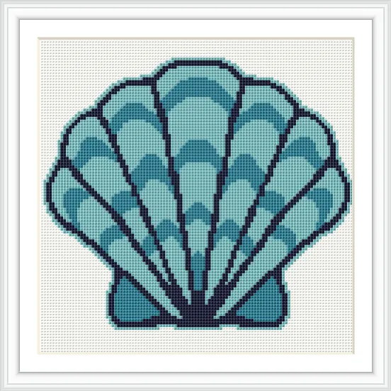 A cross stitched depiction of a stylized blue shell centered in a white frame.