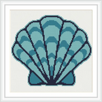 A cross stitched depiction of a stylized blue shell centered in a white frame.
