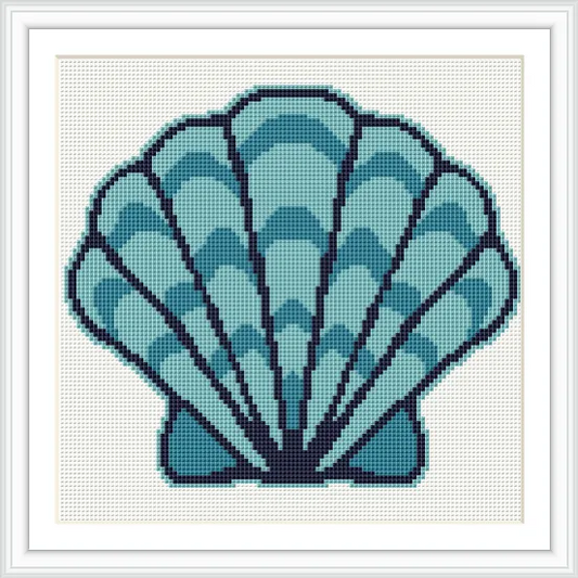 A cross stitched depiction of a stylized blue shell centered in a white frame.