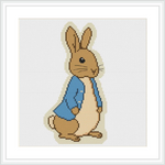A brown bunny wearing a blue jacket stands against a white background.