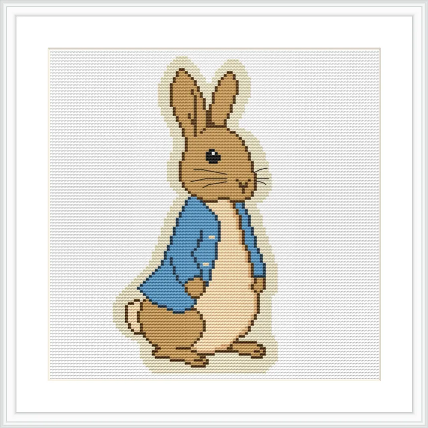 A brown bunny wearing a blue jacket stands against a white background.