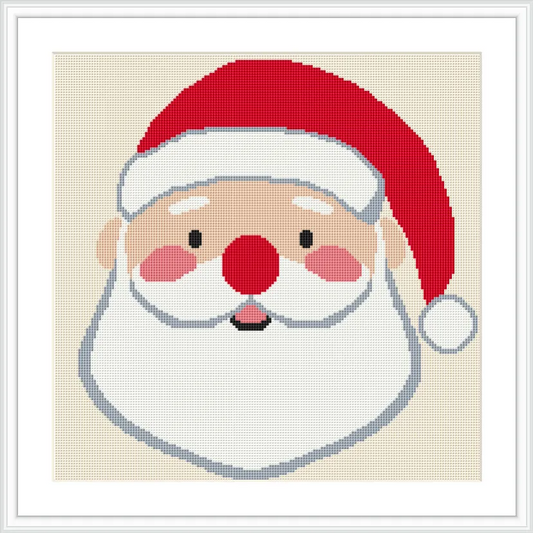 The image shows a cross stitch pattern of Santa Claus's face with a red hat, white beard, and pink cheeks. The design is bordered by a white frame.