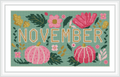 The image displays the word 'November' surrounded by pink pumpkins and vibrant flowers, all set against a green background with scattered leaves.