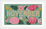 The image displays the word 'November' surrounded by pink pumpkins and vibrant flowers, all set against a green background with scattered leaves.