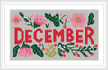 The image displays the word 'December' in bold, red uppercase letters surrounded by pink flowers, green leaves, and red berries on a creamy background.