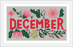 The image displays the word 'December' in bold, red uppercase letters surrounded by pink flowers, green leaves, and red berries on a creamy background.
