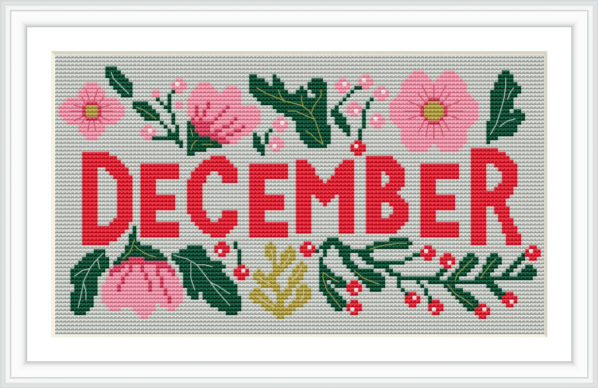 The image displays the word 'December' in bold, red uppercase letters surrounded by pink flowers, green leaves, and red berries on a creamy background.