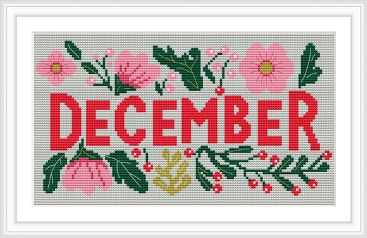 The image displays the word 'December' in bold, red uppercase letters surrounded by pink flowers, green leaves, and red berries on a creamy background.
