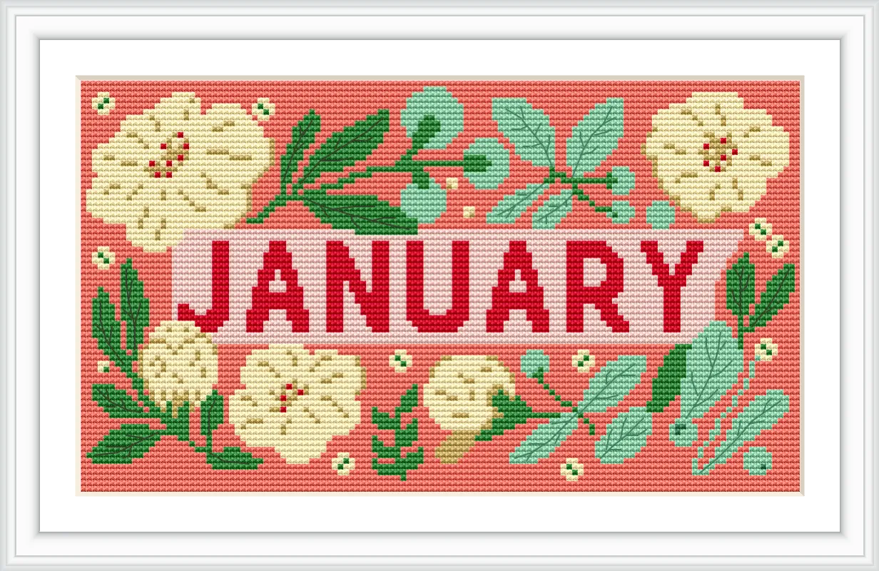 The design features the bold word 'JANUARY' in red, surrounded by yellow flowers and green leaves on a pink background.