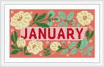 The design features the bold word 'JANUARY' in red, surrounded by yellow flowers and green leaves on a pink background.