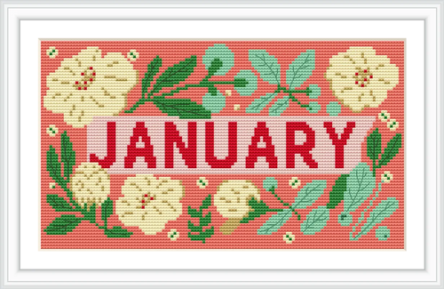 The design features the bold word 'JANUARY' in red, surrounded by yellow flowers and green leaves on a pink background.