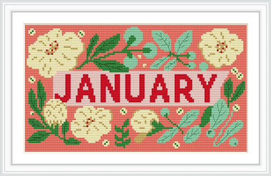 The design features the bold word 'JANUARY' in red, surrounded by yellow flowers and green leaves on a pink background.