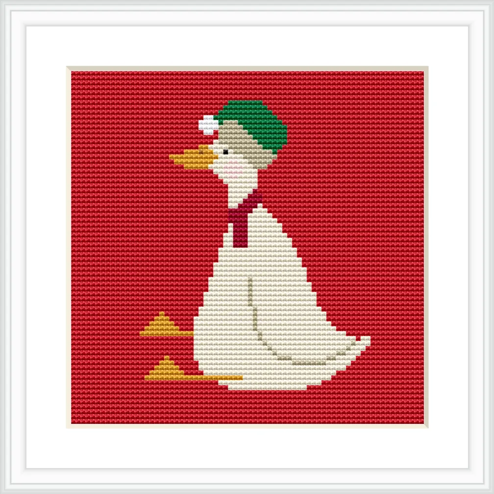 The image features a white goose wearing a green hat with a red background, placed centrally in the frame.
