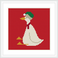 The image features a white goose wearing a green hat with a red background, placed centrally in the frame.