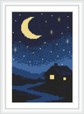 The image depicts a nighttime scene with a crescent moon and stars in the sky. A small cabin with lit windows is in the foreground, and a winding path leads to the cabin surrounded by a dark landscape.