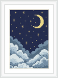 The image depicts a crescent moon and several stars scattered across a dark night sky. Below, fluffy clouds fill the lower portion, appearing calm and tranquil.