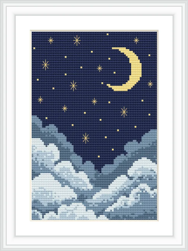 The image depicts a crescent moon and several stars scattered across a dark night sky. Below, fluffy clouds fill the lower portion, appearing calm and tranquil.