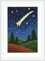 The image features a night sky filled with stars, dominated by a large shooting star moving diagonally. Below, there is a landscape with rolling hills and several pine trees in silhouette.