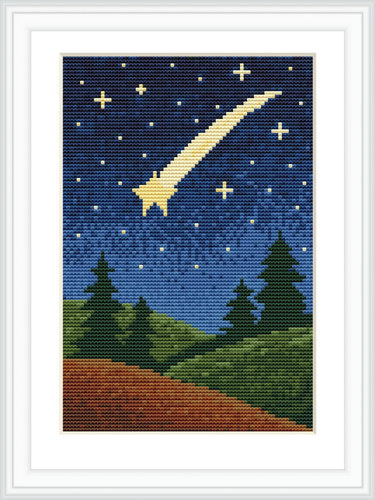 The image features a night sky filled with stars, dominated by a large shooting star moving diagonally. Below, there is a landscape with rolling hills and several pine trees in silhouette.